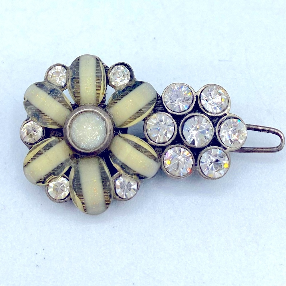 Vintage Ornate Hair Barrett With Yellow Acrylic Flower And Rhinestones